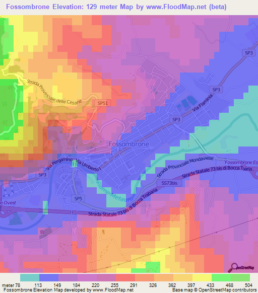 Fossombrone,Italy Elevation Map