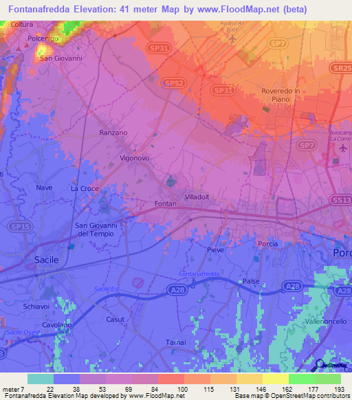 Fontanafredda,Italy Elevation Map