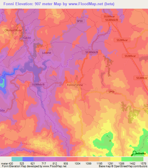 Fonni,Italy Elevation Map