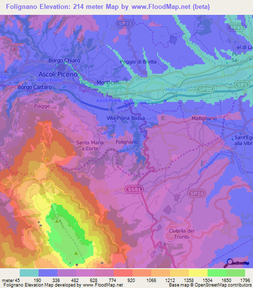 Folignano,Italy Elevation Map