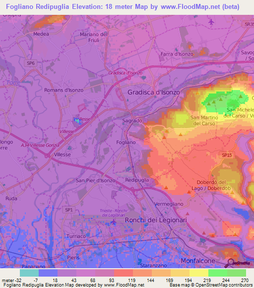 Fogliano Redipuglia,Italy Elevation Map