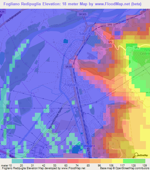 Fogliano Redipuglia,Italy Elevation Map