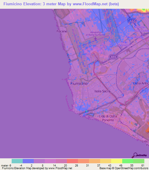 Fiumicino,Italy Elevation Map