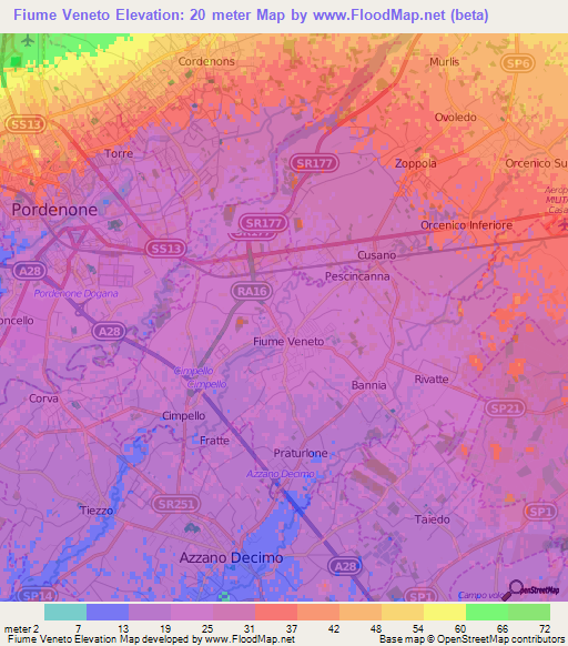 Fiume Veneto,Italy Elevation Map