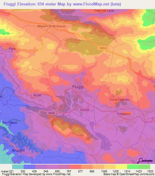 Fiuggi,Italy Elevation Map