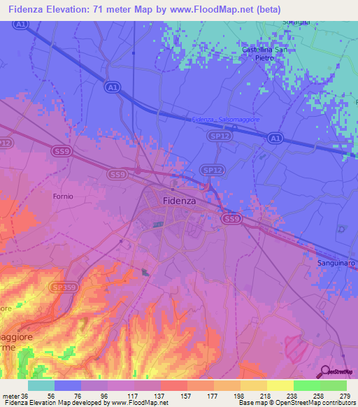 Fidenza,Italy Elevation Map