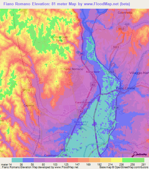 Fiano Romano,Italy Elevation Map