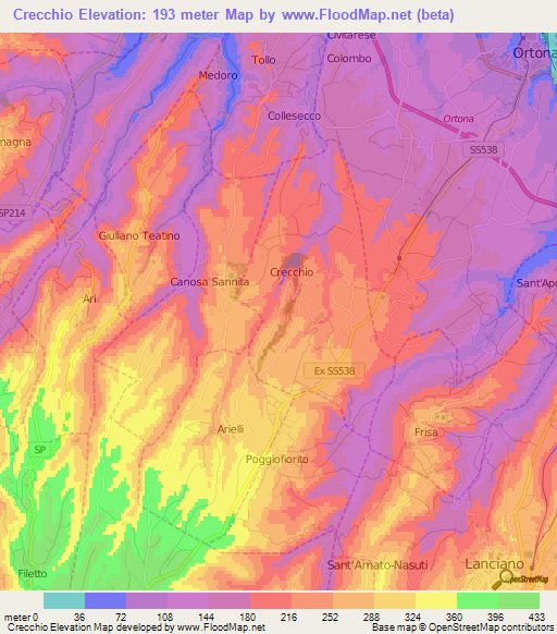 Crecchio,Italy Elevation Map