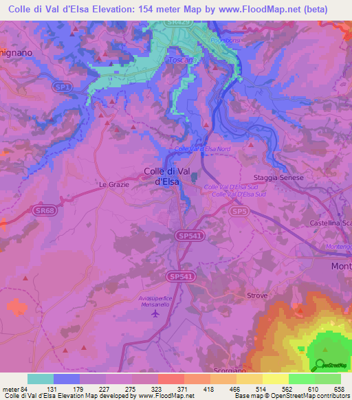 Colle di Val d'Elsa,Italy Elevation Map