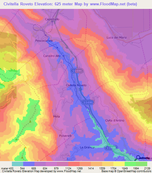 Civitella Roveto,Italy Elevation Map