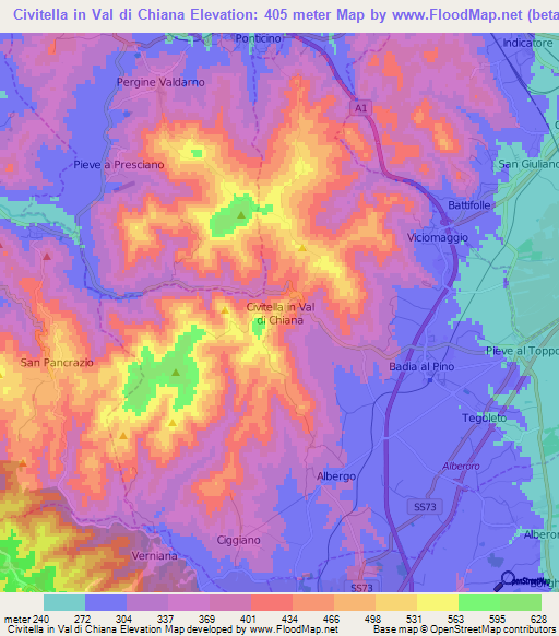 Civitella in Val di Chiana,Italy Elevation Map