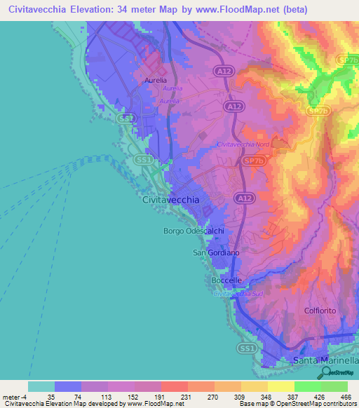 Civitavecchia,Italy Elevation Map