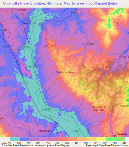 Citta della Pieve,Italy Elevation Map