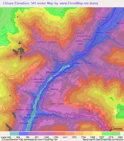 Chiusa,Italy Elevation Map