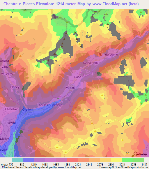 Chentre e Places,Italy Elevation Map