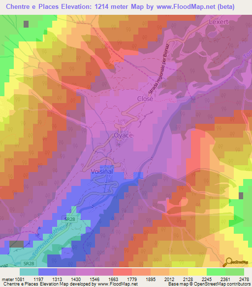 Chentre e Places,Italy Elevation Map