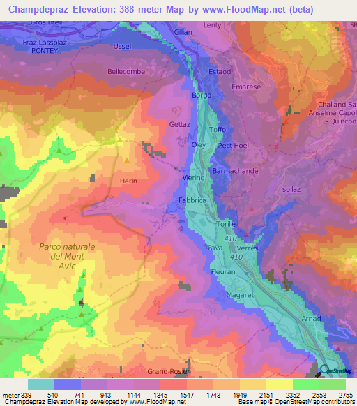 Champdepraz,Italy Elevation Map