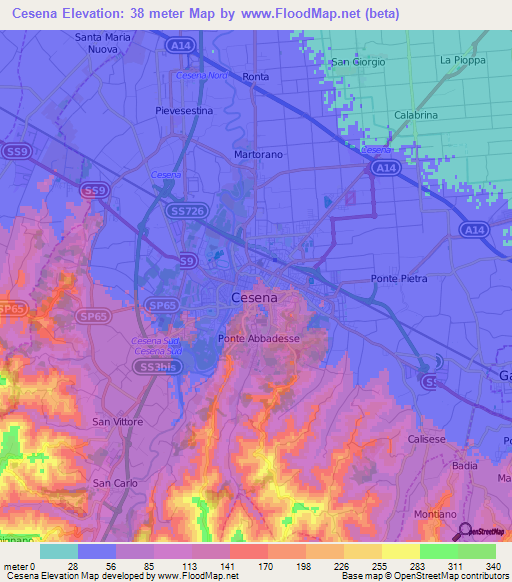 Cesena,Italy Elevation Map