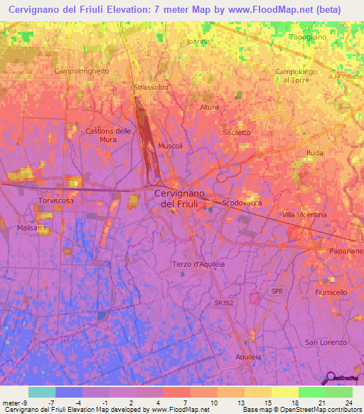 Cervignano del Friuli,Italy Elevation Map