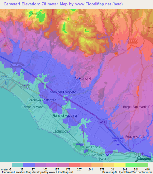 Cerveteri,Italy Elevation Map