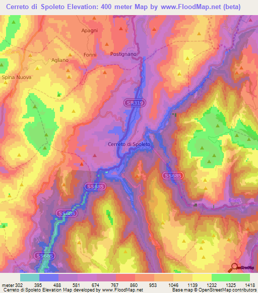 Cerreto di Spoleto,Italy Elevation Map