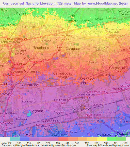 Cernusco sul Naviglio,Italy Elevation Map