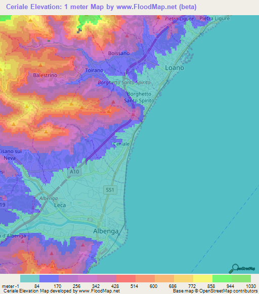 Ceriale,Italy Elevation Map