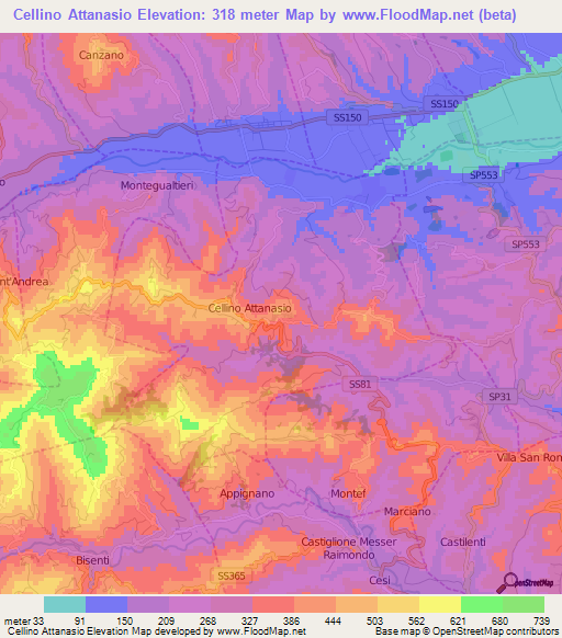 Cellino Attanasio,Italy Elevation Map