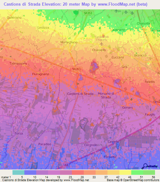 Castions di Strada,Italy Elevation Map