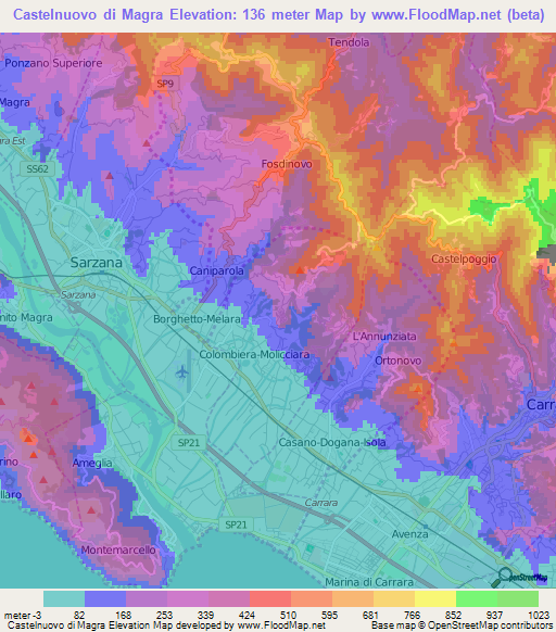 Castelnuovo di Magra,Italy Elevation Map