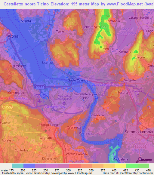 Castelletto sopra Ticino,Italy Elevation Map