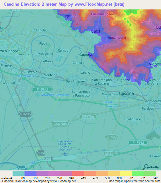 Cascina,Italy Elevation Map