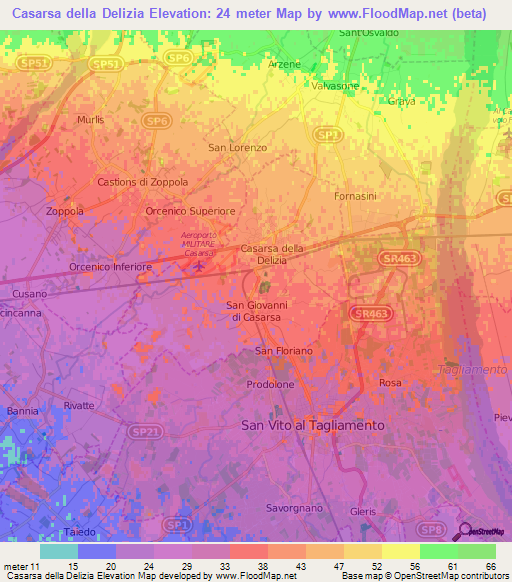 Casarsa della Delizia,Italy Elevation Map