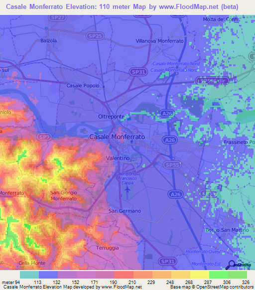 Casale Monferrato,Italy Elevation Map