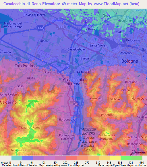 Casalecchio di Reno,Italy Elevation Map