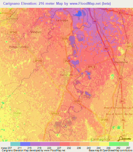 Carignano,Italy Elevation Map