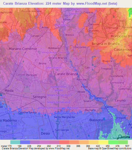 Carate Brianza,Italy Elevation Map