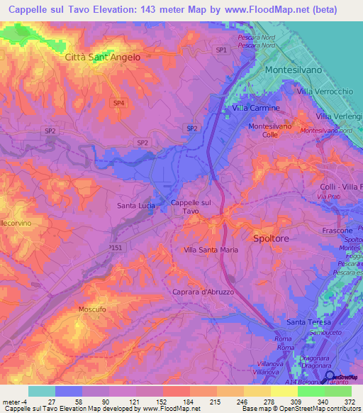 Cappelle sul Tavo,Italy Elevation Map