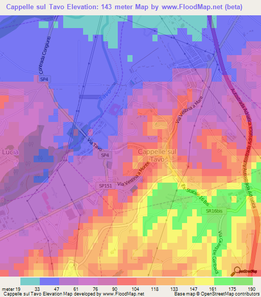Cappelle sul Tavo,Italy Elevation Map