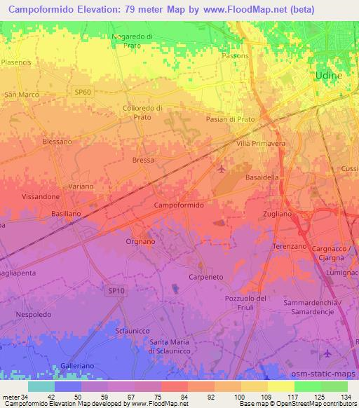 Campoformido,Italy Elevation Map