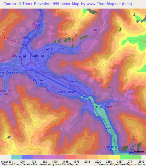 Campo di Trens,Italy Elevation Map