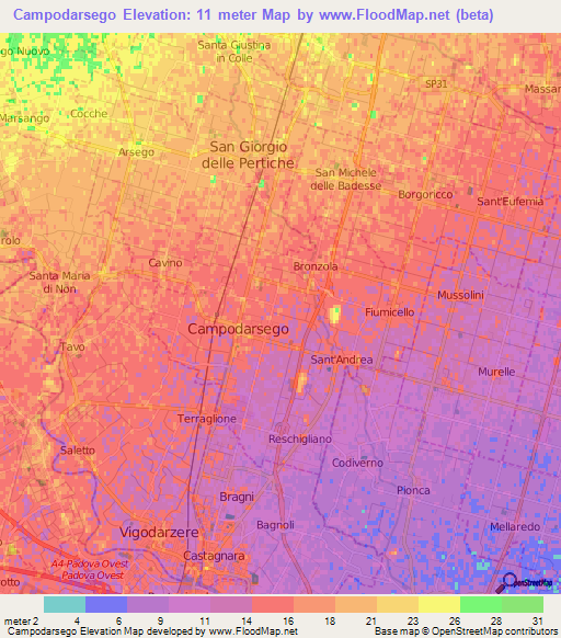 Campodarsego,Italy Elevation Map