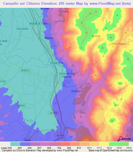 Campello sul Clitunno,Italy Elevation Map