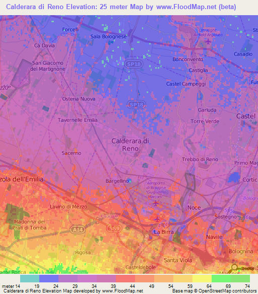 Calderara di Reno,Italy Elevation Map