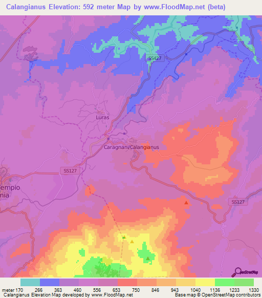 Calangianus,Italy Elevation Map