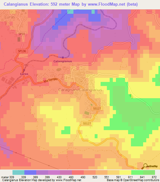 Calangianus,Italy Elevation Map