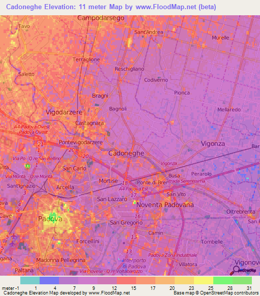 Cadoneghe,Italy Elevation Map