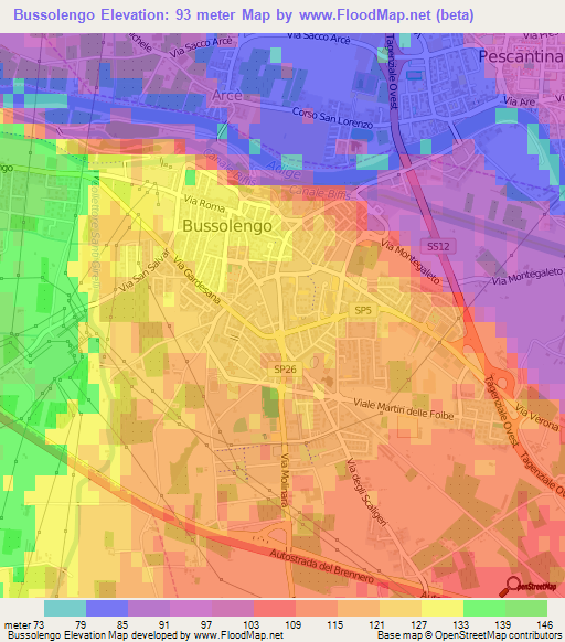 Bussolengo,Italy Elevation Map