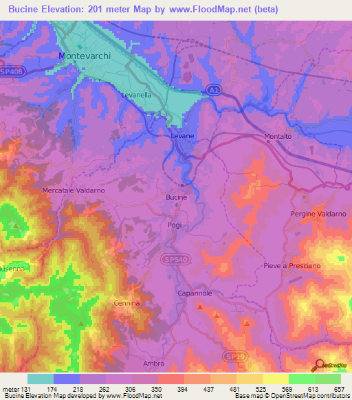 Bucine,Italy Elevation Map