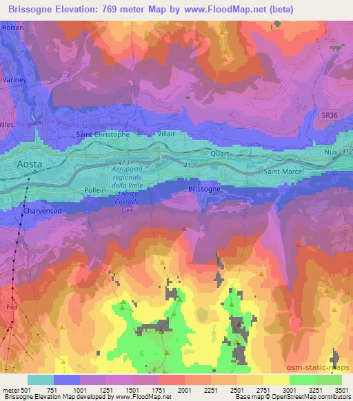 Brissogne,Italy Elevation Map